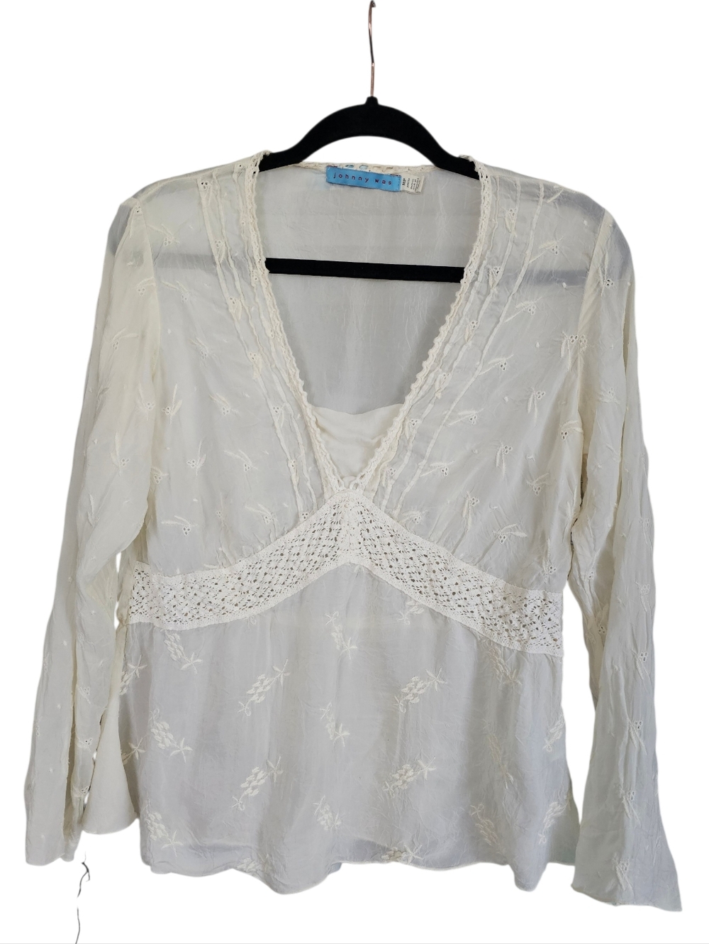 Johnny Was Cream Eyelet Crochet V-Neck Blouse